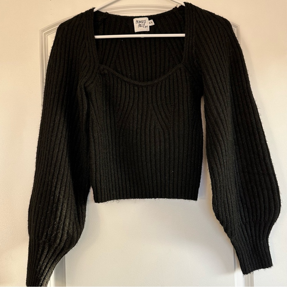 Princess Polly Black Ribbed Scoop-Neck Puff-Sleeve Sweater